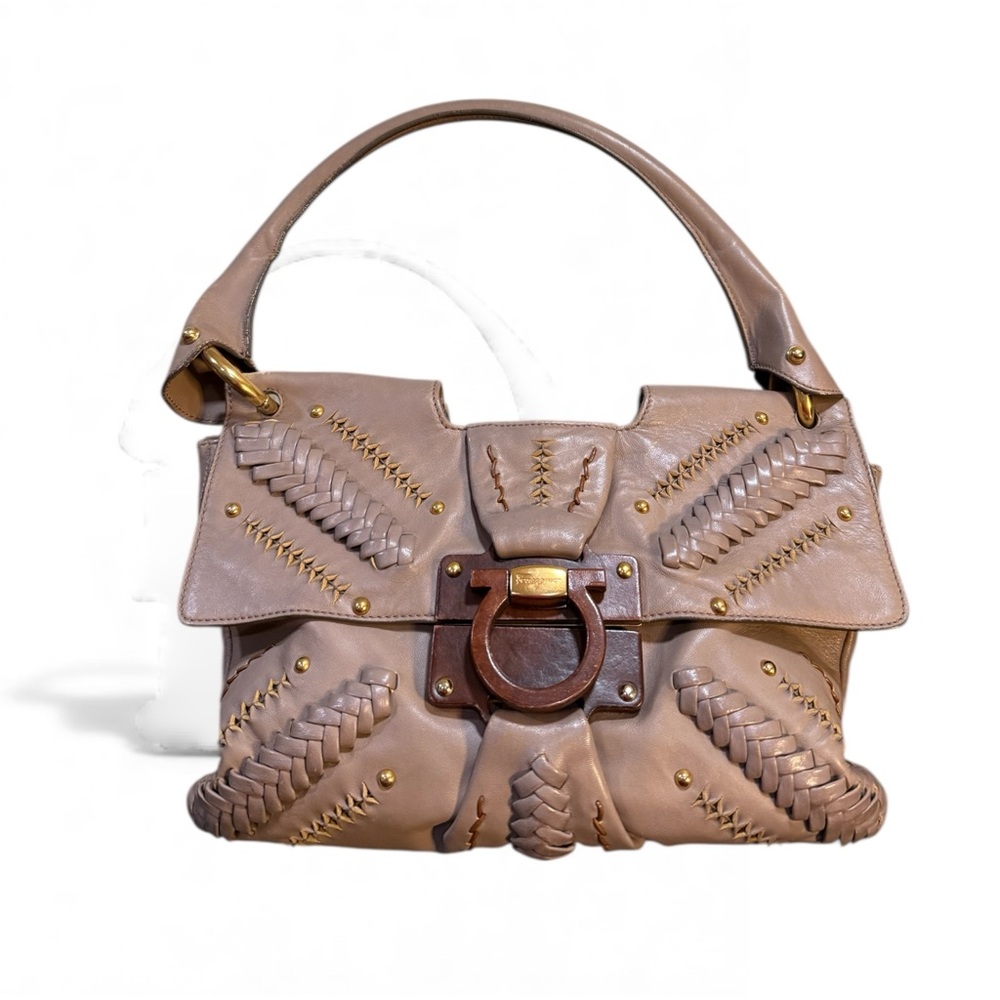 ❌sold❌Salvatore Ferragamo (2000s) Braid Leather Gancio Shoulder Bag – Taupe - Picture 1 of 14